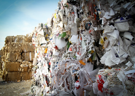 Stacked bales of paper products